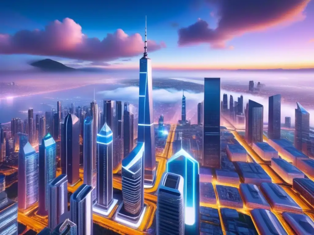 Metrópolis futurista: Big Data revoluciona el mercado inmobiliario Un paisaje urbano futurista con rascacielos interconectados por flujos de datos, iluminados con luces vibrantes