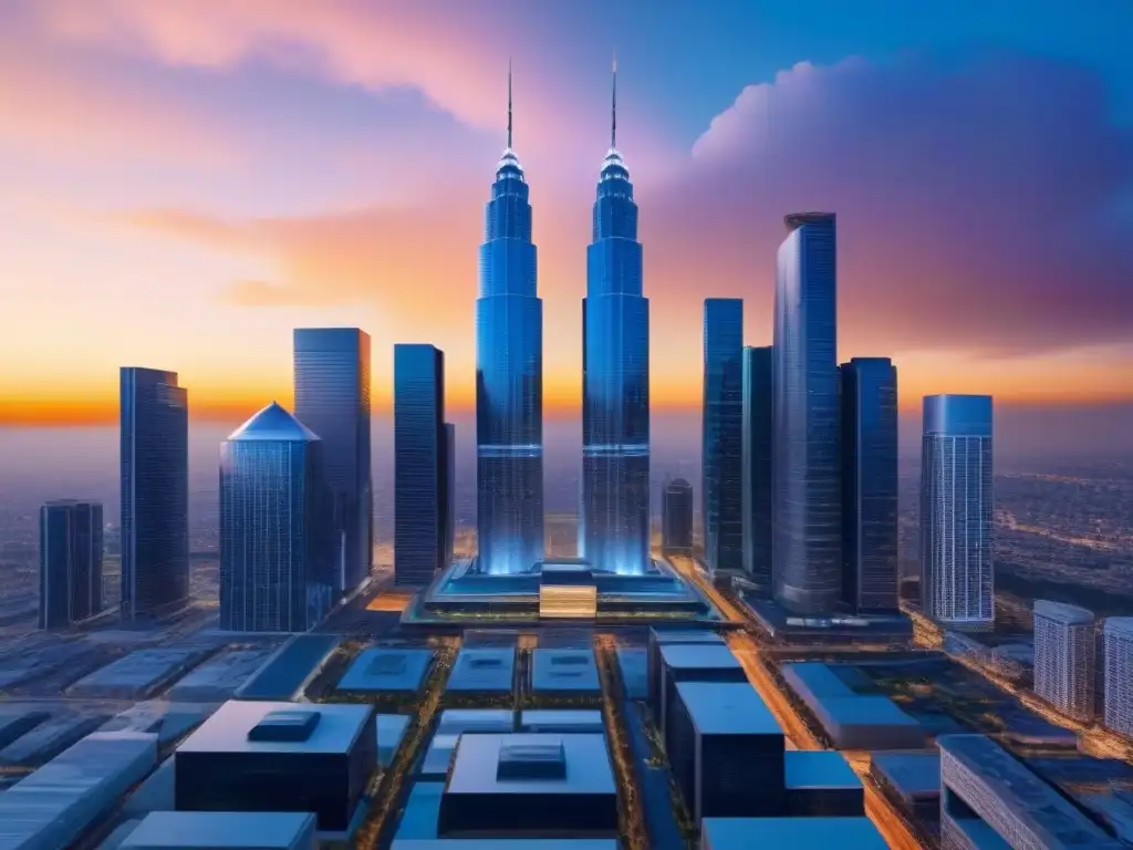 Metrópolis futurista en la era del cloud: 8k ultra detallado Un paisaje urbano futurista a 8k con rascacielos relucientes al atardecer y tecnología en la nube