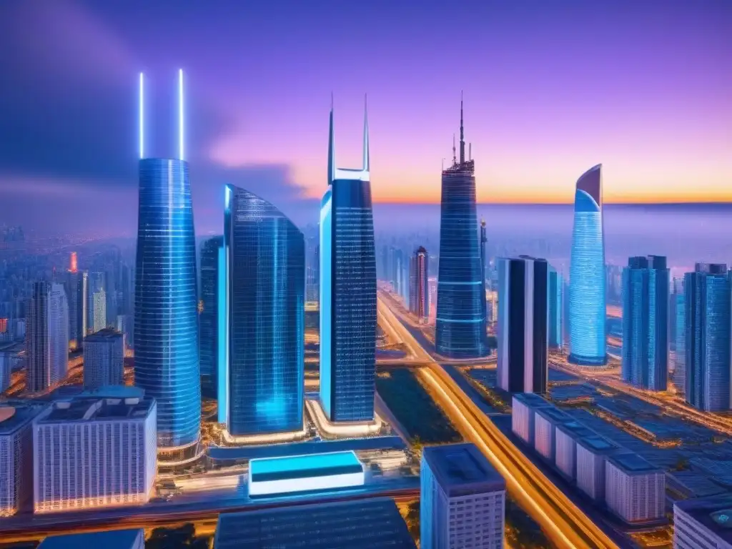 Metrópolis del futuro: Marketing inmobiliario global en la era digital Un paisaje urbano futurista al anochecer, con rascacielos elegantes y pantallas digitales mostrando listados de bienes raíces en varios idiomas