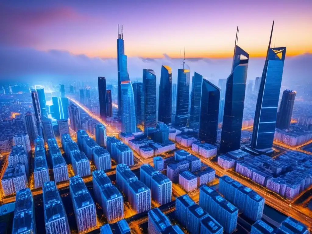 Skyline futurista con blockchain en la industria inmobiliaria Un paisaje urbano futurista con rascacielos interconectados por cadenas de blockchain brillantes, representando la integración de la tecnología blockchain en seguros inmobiliarios internacionales