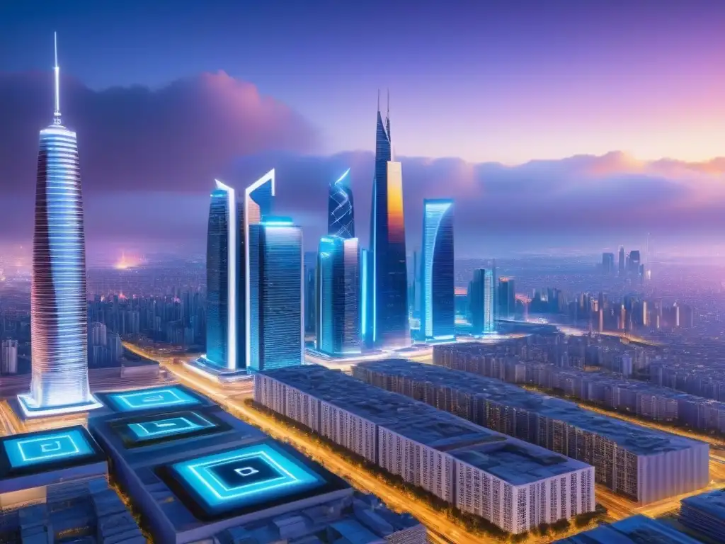 Metrópolis futurista: tecnología avanzada y marketing inmobiliario internacional Un paisaje urbano futurista con rascacielos modernos y tecnología avanzada, mostrando marketing inmobiliario internacional personalizado