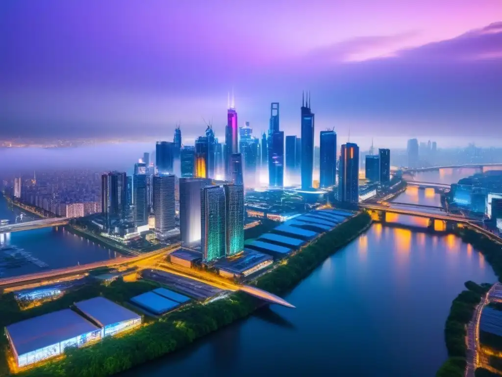 Horizonte futurista: ciudad nocturna con rascacielos y luces neón Un paisaje urbano futurista al anochecer, con rascacielos iluminados por luces neón sobre un río tranquilo