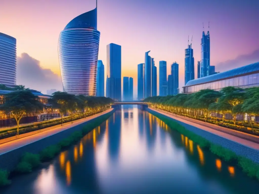 Metrópolis futurista: luces neón y diseño sostenible en una ciudad avanzada Un paisaje urbano futurista al anochecer, con rascacielos elegantes y luces de neón brillantes reflejándose en un río tranquilo