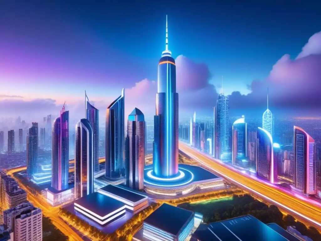 Metrópolis futurista: luces neón y arquitectura innovadora Un paisaje urbano futurista con rascacielos innovadores iluminados por luces neón, reflejando la fusión de tradición y modernidad