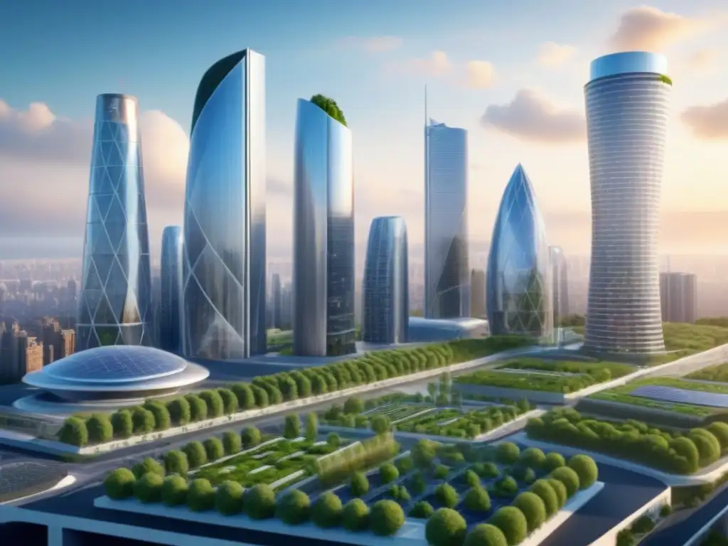 Metrópolis futurista sostenible: innovación en armonía Un paisaje urbano futurista con rascacielos sostenibles, techos verdes, paneles solares y turbinas eólicas