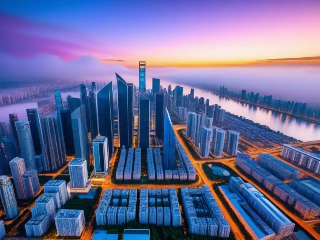 Innovadora metrópolis futurista: atardecer en vidrio y acero Un paisaje urbano futurista con rascacielos de vidrio, reflejando el atardecer