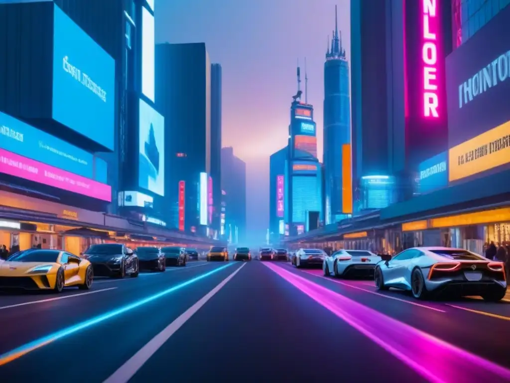 Metrópolis futurista: rascacielos iluminados y vehículos autónomos Un paisaje urbano futurista al anochecer con rascacielos avanzados y luces de neón, vehículos autónomos y anuncios holográficos