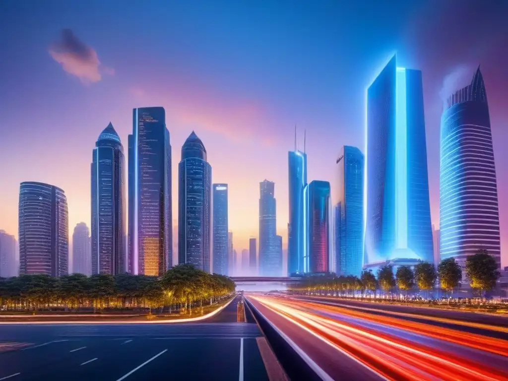 Metrópolis futurista: publicidad inmobiliaria inteligente y autónoma Un paisaje urbano futurista al anochecer con rascacielos iluminados y anuncios digitales personalizados gracias a la IA