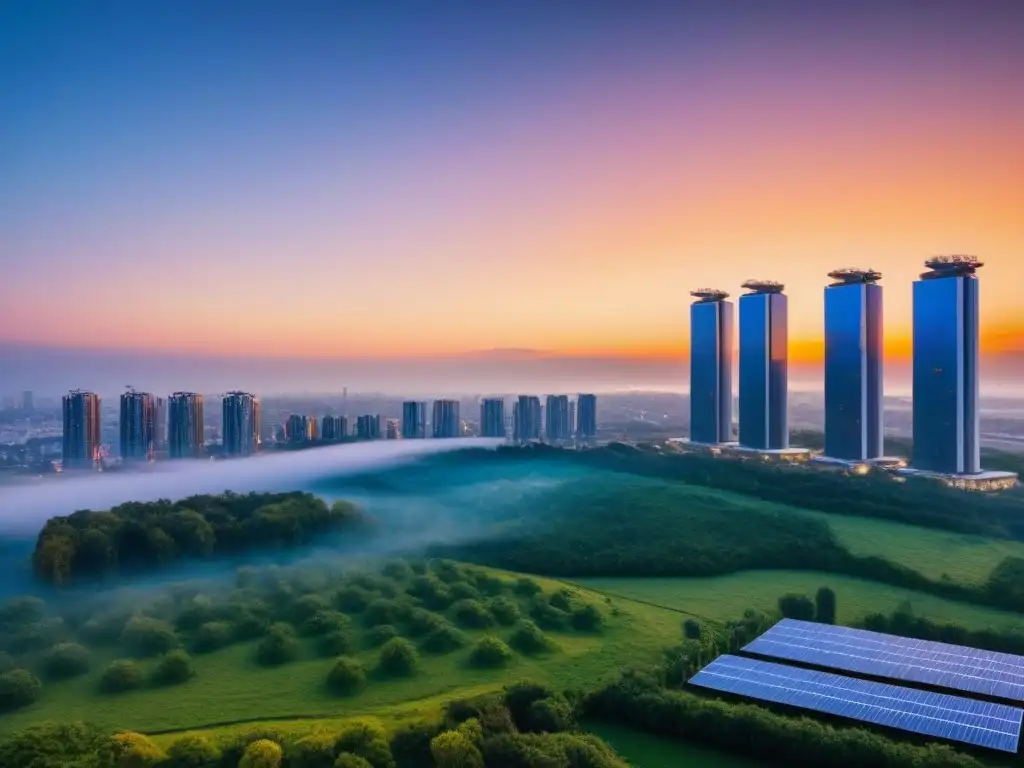 Innovación urbana: ciudad futurista con tecnología sostenible Un paisaje urbano futurista con rascacielos interconectados, integrando tecnologías emergentes en terrenos sin desarrollar