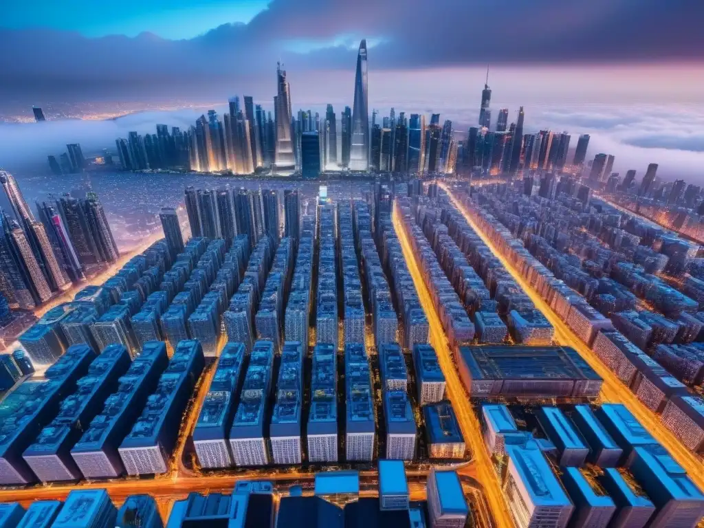 Metrópolis futurista 8k con criptomonedas y tecnología innovadora Un paisaje urbano futurista con rascacielos y símbolos de criptomonedas, fusionando inversión inmobiliaria y criptomonedas