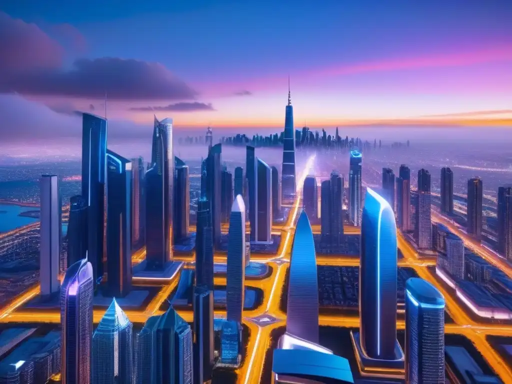 Metrópolis futurista: inversión inmobiliaria en tierras no desarrolladas Un paisaje urbano futurista con rascacielos elegantes y tecnología avanzada integrada