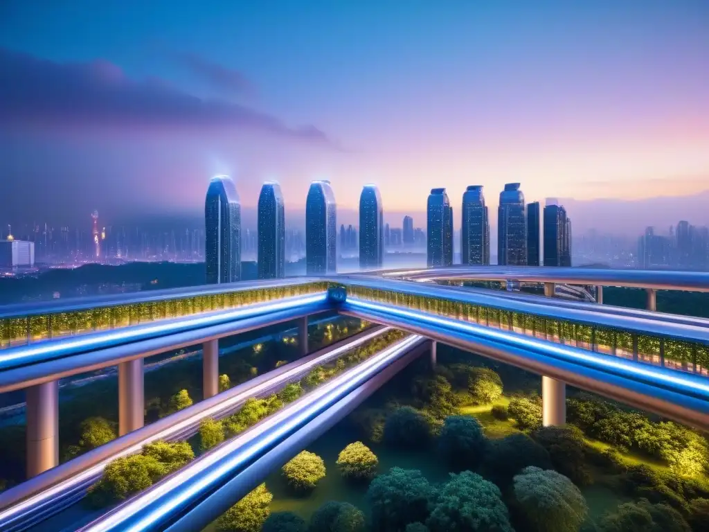 Metrópolis futurista: rascacielos innovadores y naturaleza en armonía Un paisaje urbano futurista con rascacielos innovadores y puentes transparentes, rodeado de vegetación y luces deslumbrantes
