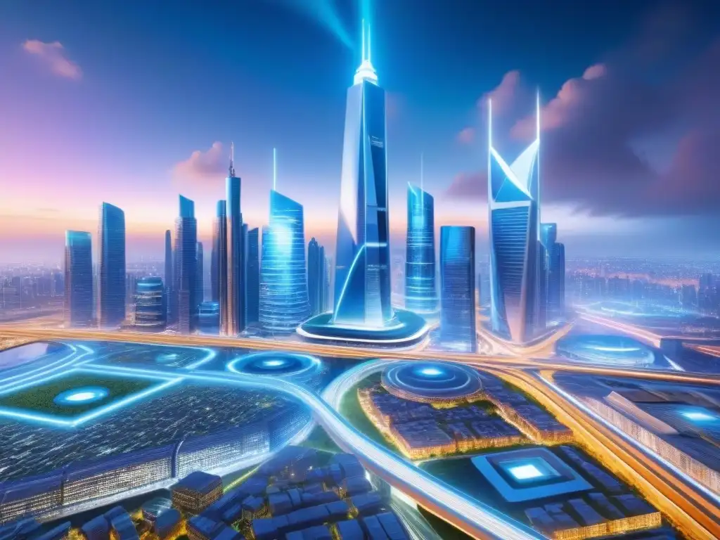 Metrópolis futurista: tecnología de vanguardia y eficiencia global Un paisaje urbano futurista con redes interconectadas de alta tecnología, rascacielos elegantes y centros de datos avanzados
