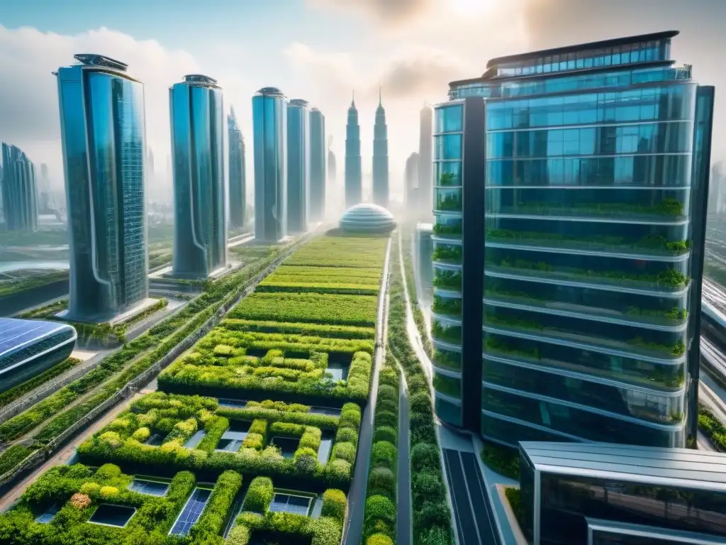 Metrópolis futurista sostenible: diseño urbano vanguardista y verde Un paisaje urbano futurista y sostenible con rascacielos, jardines verticales y paneles solares