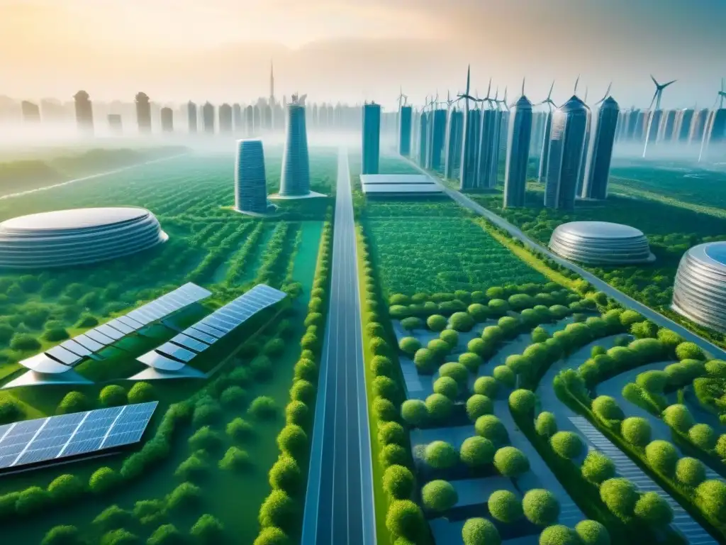 Metrópolis sostenible del futuro: edificios altos y energía renovable Un paisaje urbano futurista sostenible con rascacielos modernos rodeados de vegetación y fuentes de energía renovable