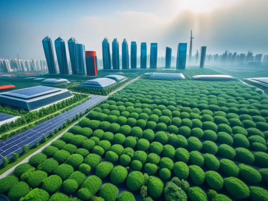 Cityscape futurista sostenible: Edificios verdes y energía renovable Un paisaje urbano futurista sostenible con edificios verdes, paneles solares, jardines en azoteas y turbinas eólicas