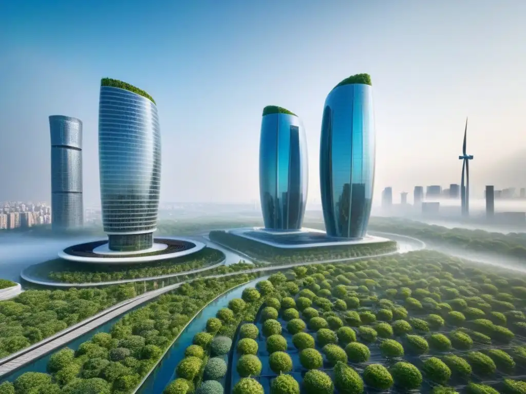 Metrópolis futurista: rascacielos sostenibles en armonía con la naturaleza Un paisaje urbano futurista sostenible con rascacielos de vidrio, jardines verticales y energía renovable