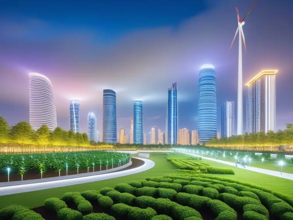 Cityscape futurista: armonía entre naturaleza y tecnología sostenible Un paisaje urbano futurista sostenible con arquitectura ecoamigable y diversidad de actividades