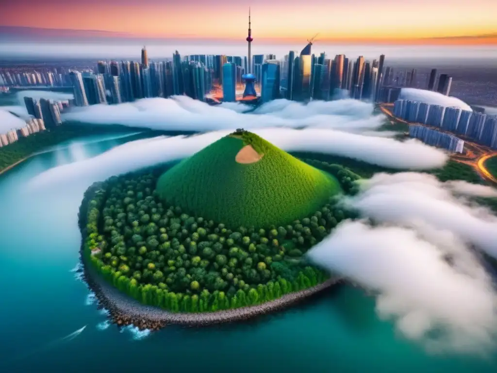 Metrópolis sostenible: arquitectura verde y energía renovable Un paisaje urbano futurista sostenible con edificios verdes innovadores y fuentes de energía renovable, mostrando una armonía entre la naturaleza y la tecnología en el legado ético mercado inmobiliario internacional