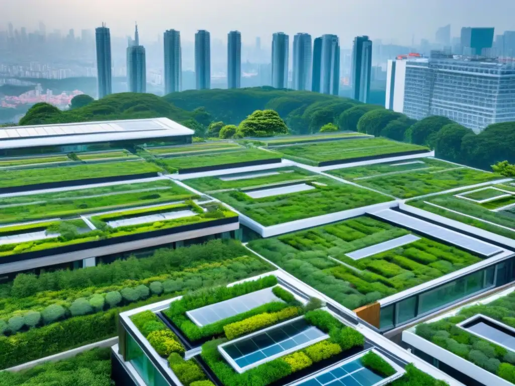 Horizonte urbano del futuro: jardines en azoteas verdes Un paisaje urbano futurista con techos verdes para inversores internacionales