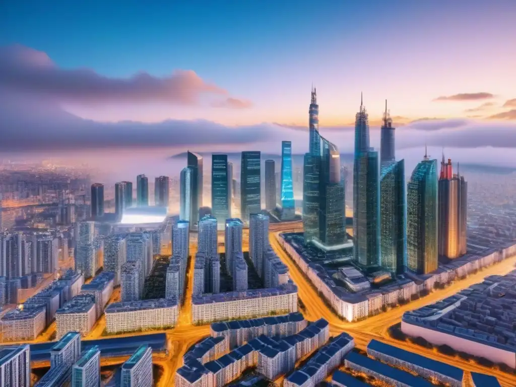 Metrópolis futurista: blockchain revoluciona la inversión inmobiliaria Un paisaje urbano futurista con tecnología blockchain en inversión inmobiliaria