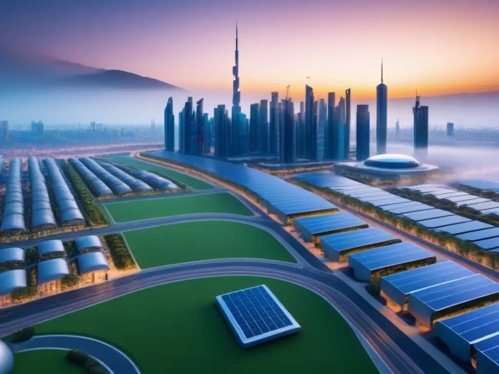 Metrópolis futurista: arquitectura inteligente y sostenible Un paisaje urbano futurista donde la tecnología y mercado inmobiliario postpandemia se integran en armonía
