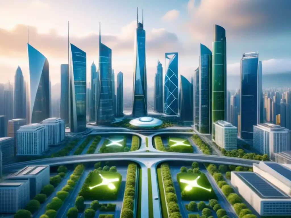 Metrópolis futurista: tecnología y real estate en 8K Un paisaje urbano futurista con tecnología en fusiones inmobiliarias internacionales