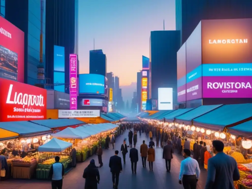 Metrópolis futurista: mercado holográfico en la ciudad del mañana Un paisaje urbano futurista con tecnología avanzada en mercados inmobiliarios emergentes
