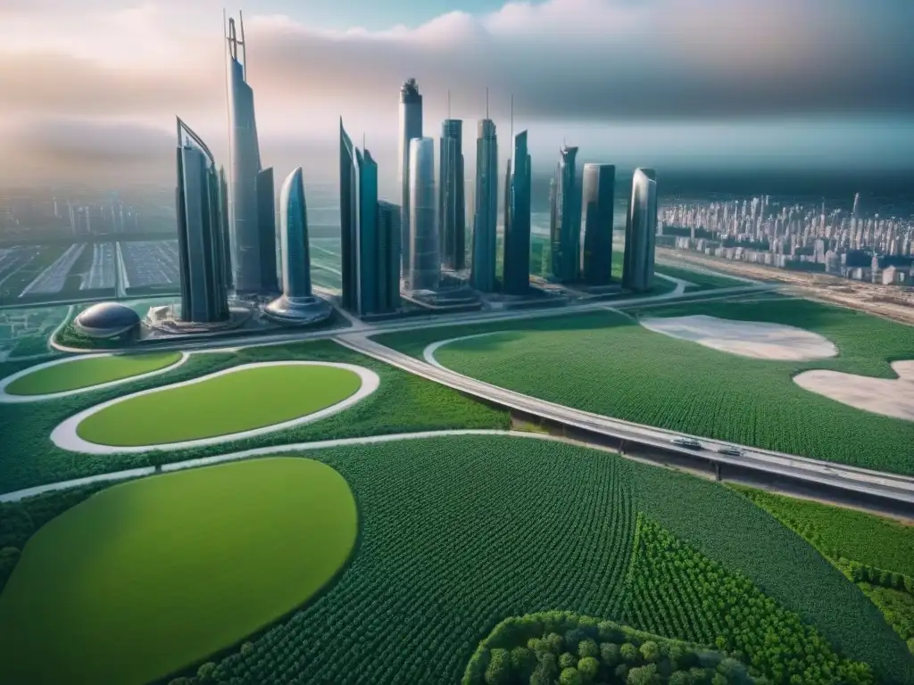 Metrópolis futurista: inversión tecnológica en tierras Un paisaje urbano futurista con tecnologías emergentes integradas, destacando la inversión en terrenos sin desarrollar