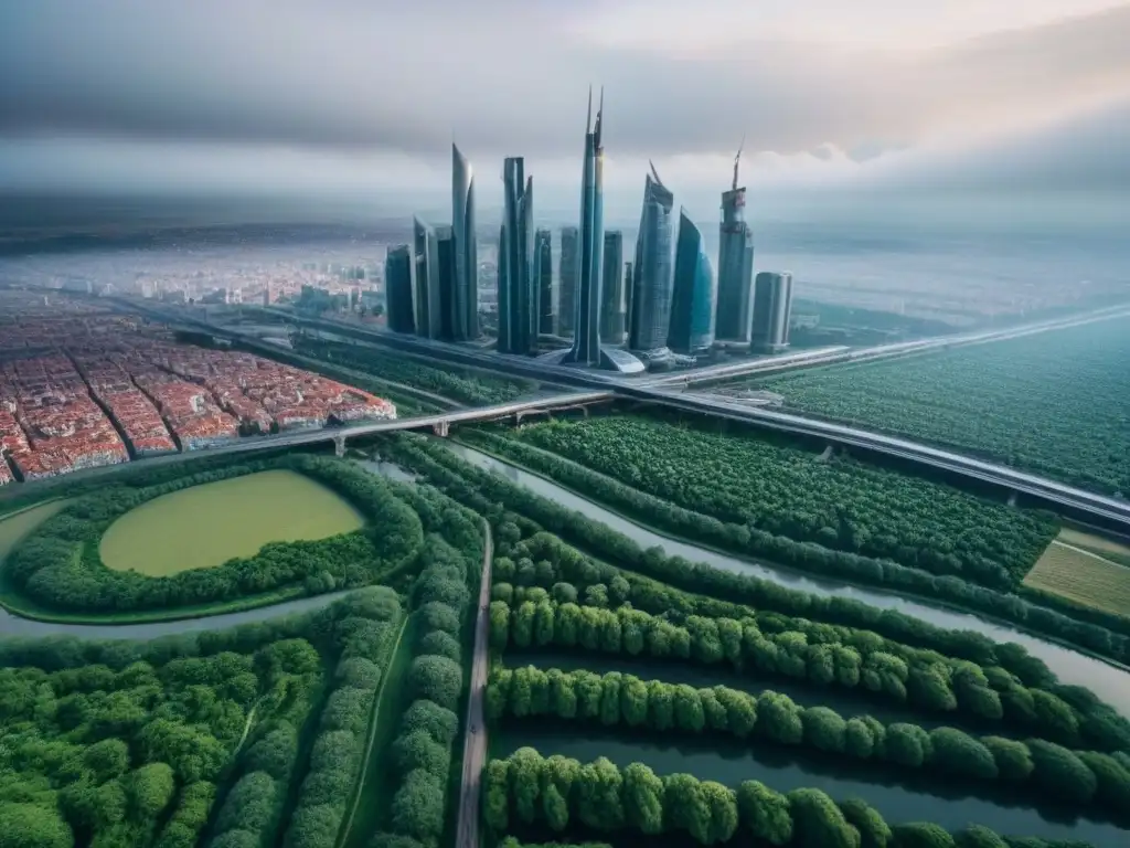 Futurismo urbano en Europa del Este: diseño innovador y sostenible Un paisaje urbano futurista en Europa del Este con tendencias urbanísticas innovadoras y edificios tecnológicos integrados