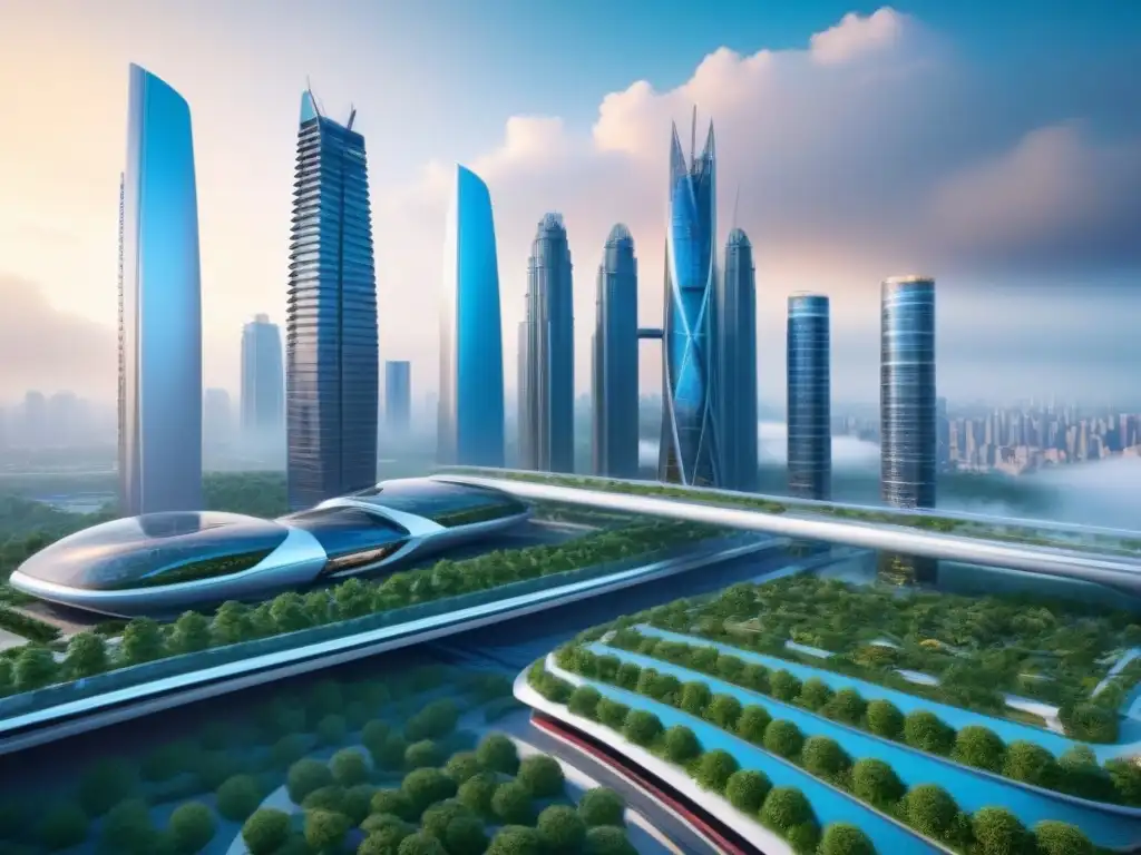 Metrópolis futurista: innovación y sostenibilidad en 2023 Un paisaje urbano futurista y vanguardista, con rascacielos innovadores y diseño arquitectónico avanzado