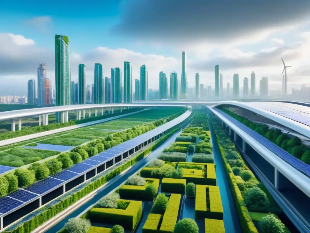 Metrópolis sostenible: arquitectura verde y energía renovable Un paisaje urbano futurista y vibrante con arquitectura sostenible y jardines verticales