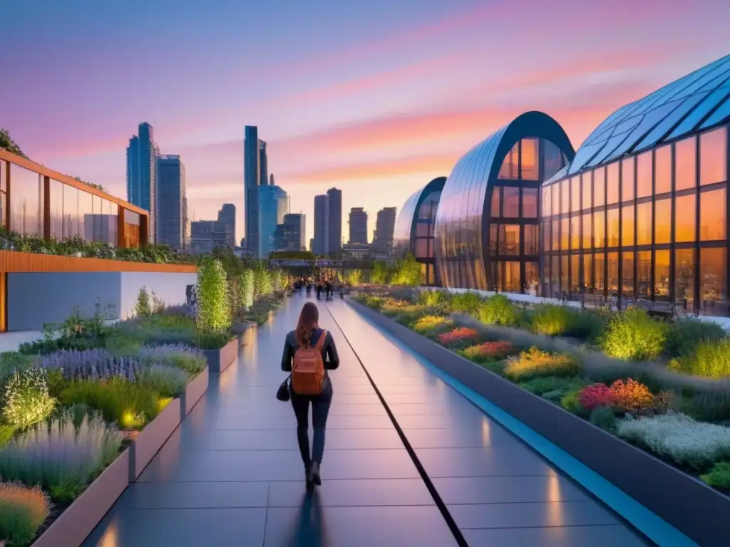 Metrópolis sostenible: arquitectura futurista y arte urbano Un paisaje urbano futurista y vibrante al anochecer, donde se fusiona arte, sostenibilidad y diseño urbano en un mercado de emociones y colores