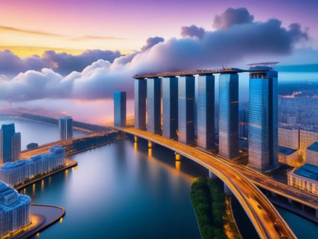 Metropolis global: fusiones inmobiliarias del futuro Un paisaje urbano futurista y vibrante con rascacielos relucientes, reflejando la fusión de fusiones y adquisiciones inmobiliarias globales