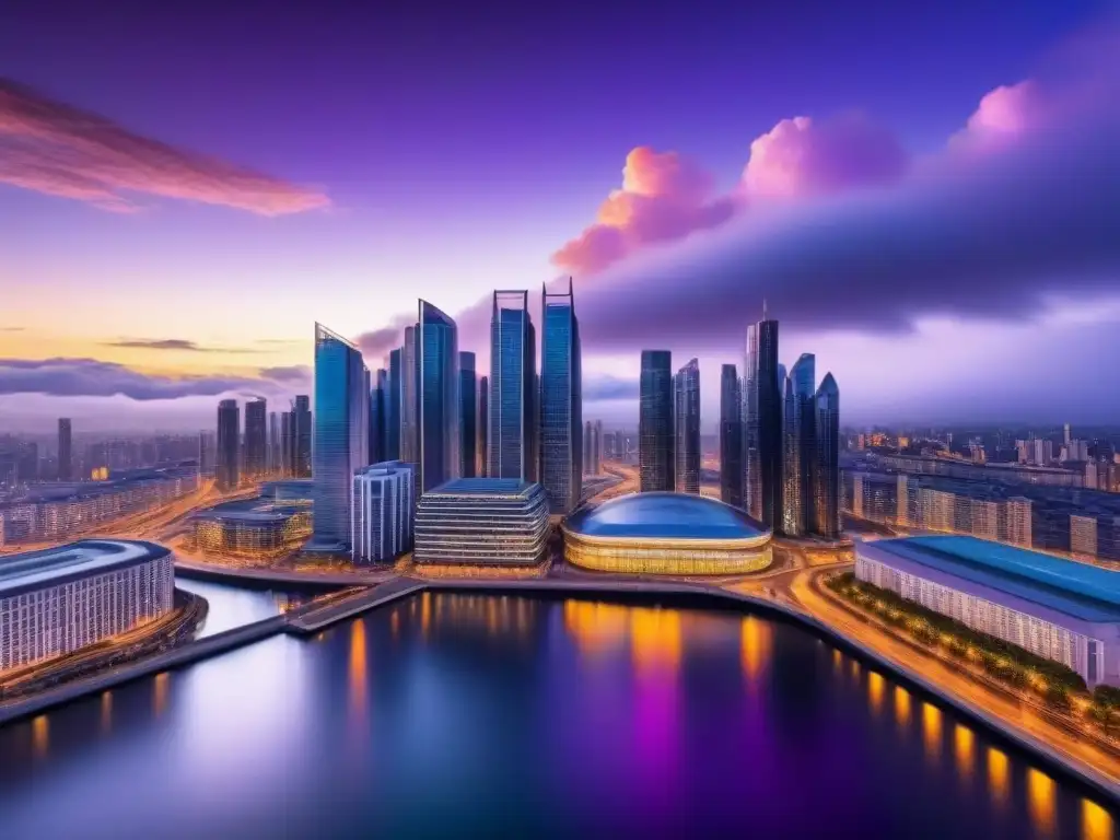 Futurista ciudad nocturna: luces y arquitectura vanguardista Un paisaje urbano futurista y vibrante a la caída del sol
