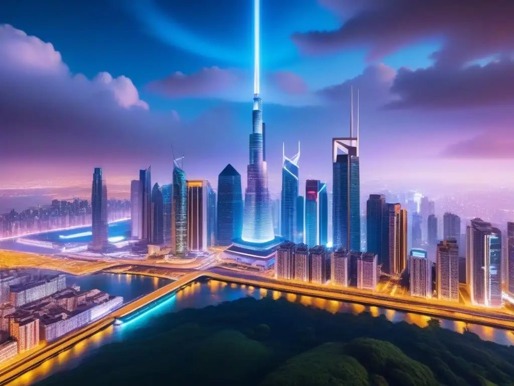 Criptometrópolis: Futuro urbano en 8k Un paisaje urbano futurista y vibrante de noche, con rascacielos iluminados por luces neón