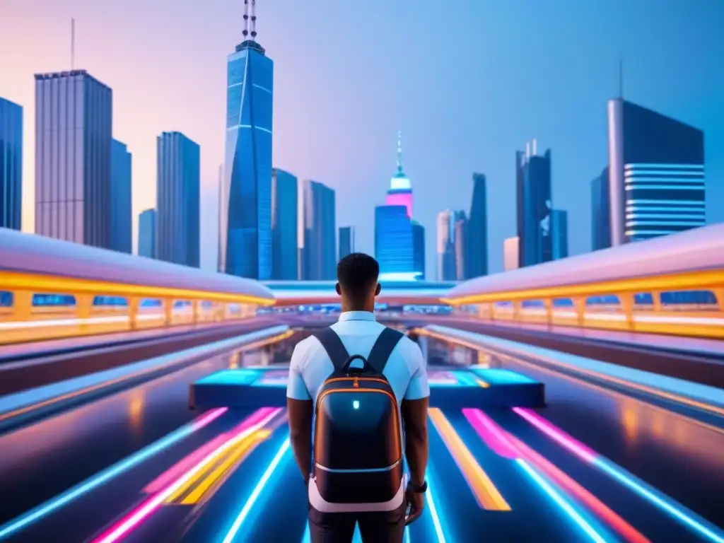 Metrópolis futurista: modernos viajeros en una ciudad innovadora Un paisaje urbano futurista vibrante al anochecer, con rascacielos iluminados por luces de neón y vehículos autónomos