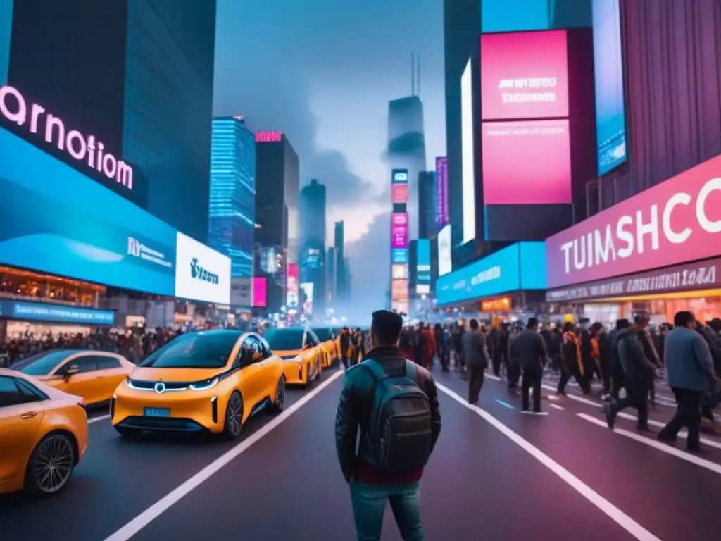 Metrópolis futurista: luces neón y tecnología avanzada Un paisaje urbano futurista vibrante con rascacielos iluminados por luces de neón, vehículos autónomos y drones en el cielo