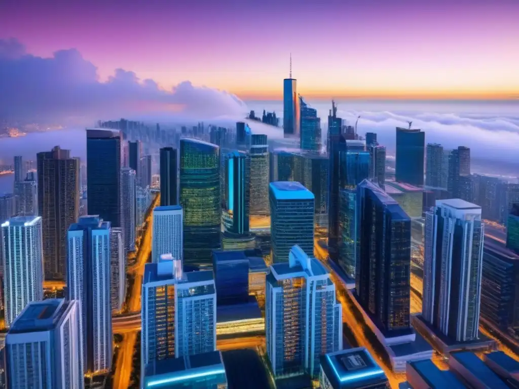 Horizonte urbano futurista: innovación en mercado inmobiliario Un paisaje urbano iluminado con modernos rascacielos, reflejando el poder transformador de Big Data en mercados inmobiliarios emergentes