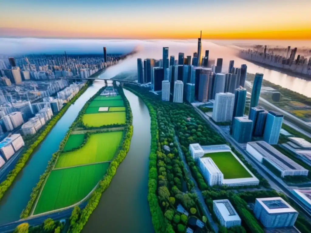 Horizonte vibrante: ciudad moderna al atardecer Un paisaje urbano impactante con rascacielos modernos reflejando el atardecer dorado, fusionando inversiones inmobiliarias y fluctuaciones cambiarias