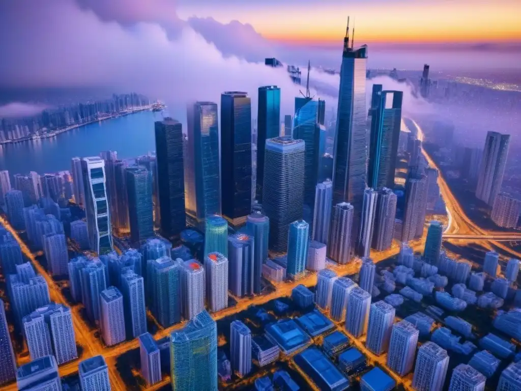 Metropolis blockchain: fusión innovadora en valuación inmobiliaria Un paisaje urbano impresionante con rascacielos interconectados por patrones de blockchain, fusionando innovación y arquitectura