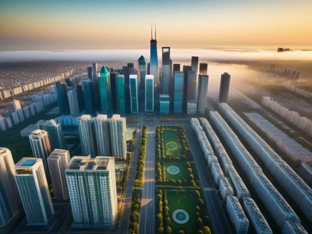 Metrópolis emergente: skyline moderno y verde Un paisaje urbano impresionante con rascacielos modernos y espacios verdes vibrantes, en mercados inmobiliarios emergentes prometedores