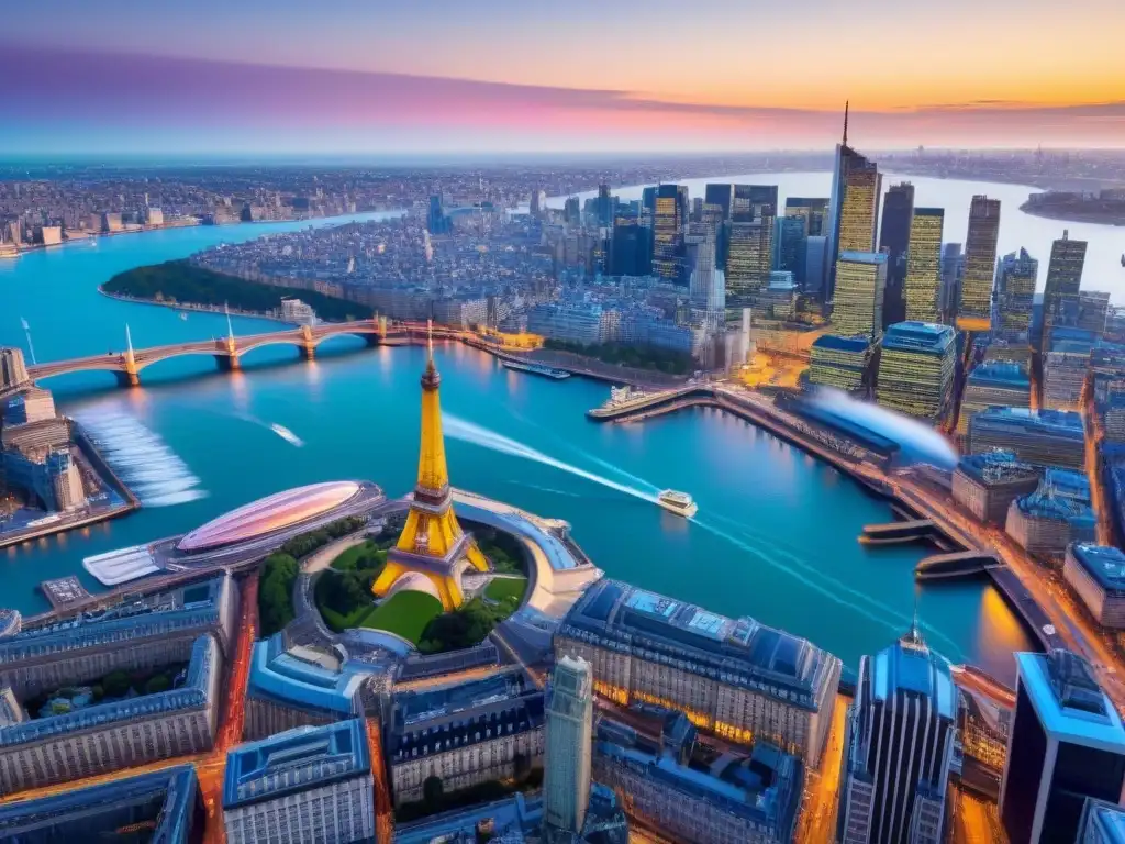 Horizonte global: impacto de políticas en inversiones internacionales Un paisaje urbano internacional con emblemáticos monumentos al atardecer, simbolizando inversiones en tiempo compartido internacional