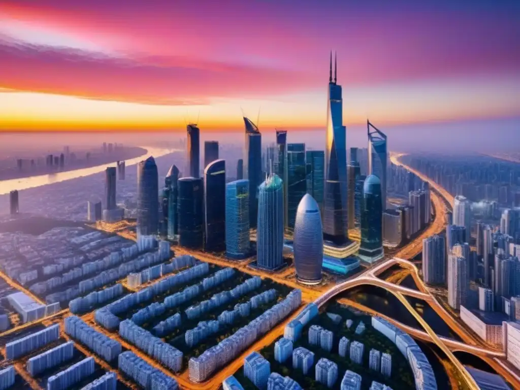 Metrópolis moderna: lujo y oportunidad en inversión inmobiliaria Un paisaje urbano internacional lujoso y vibrante con rascacielos imponentes y una red de autopistas entretejiéndose