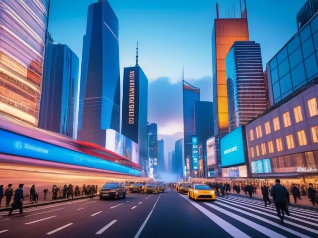Un paisaje urbano internacional vibrante y moderno al anochecer, con rascacielos iluminados y diversidad arquitectónica
