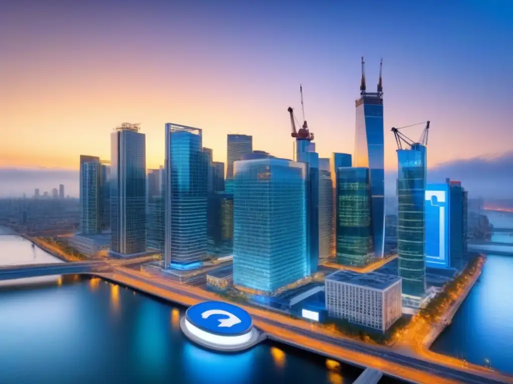 Metrópolis digital: fusión de redes sociales y arquitectura urbana Un paisaje urbano lleno de vida con rascacielos modernos y redes sociales integradas, representando la fusión de lo digital y lo inmobiliario en M&A
