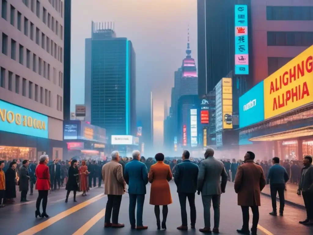 Cityscape futurista: mezcla histórica con rascacielos neón Un paisaje urbano moderno al anochecer, fusionando arquitectura histórica con rascacielos futuristas iluminados por luces de neón