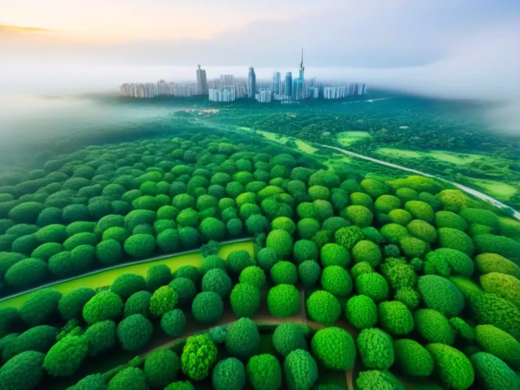 Arquitectura sostenible: ciudad verde y moderna Un paisaje urbano moderno y asombroso con edificios cubiertos de vegetación exuberante, representando la armonía entre desarrollo urbano y elementos naturales