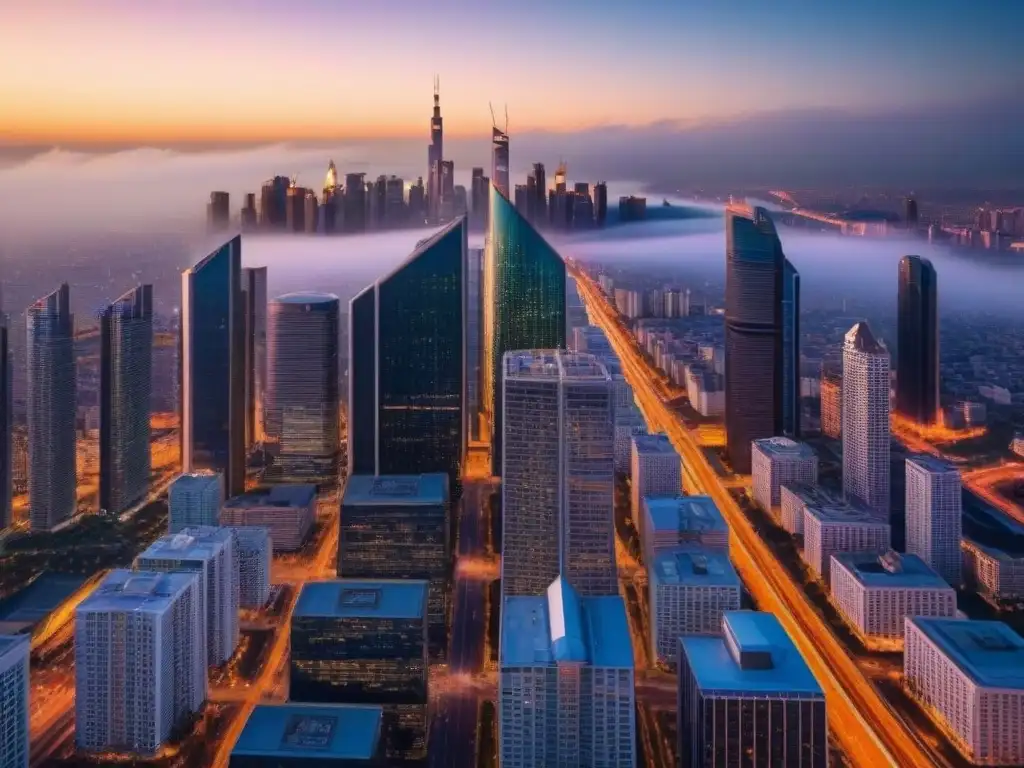 Metrópolis moderna al atardecer: reflejos, calles y conexiones Un paisaje urbano moderno al atardecer, con rascacielos relucientes y calles llenas de gente diversa