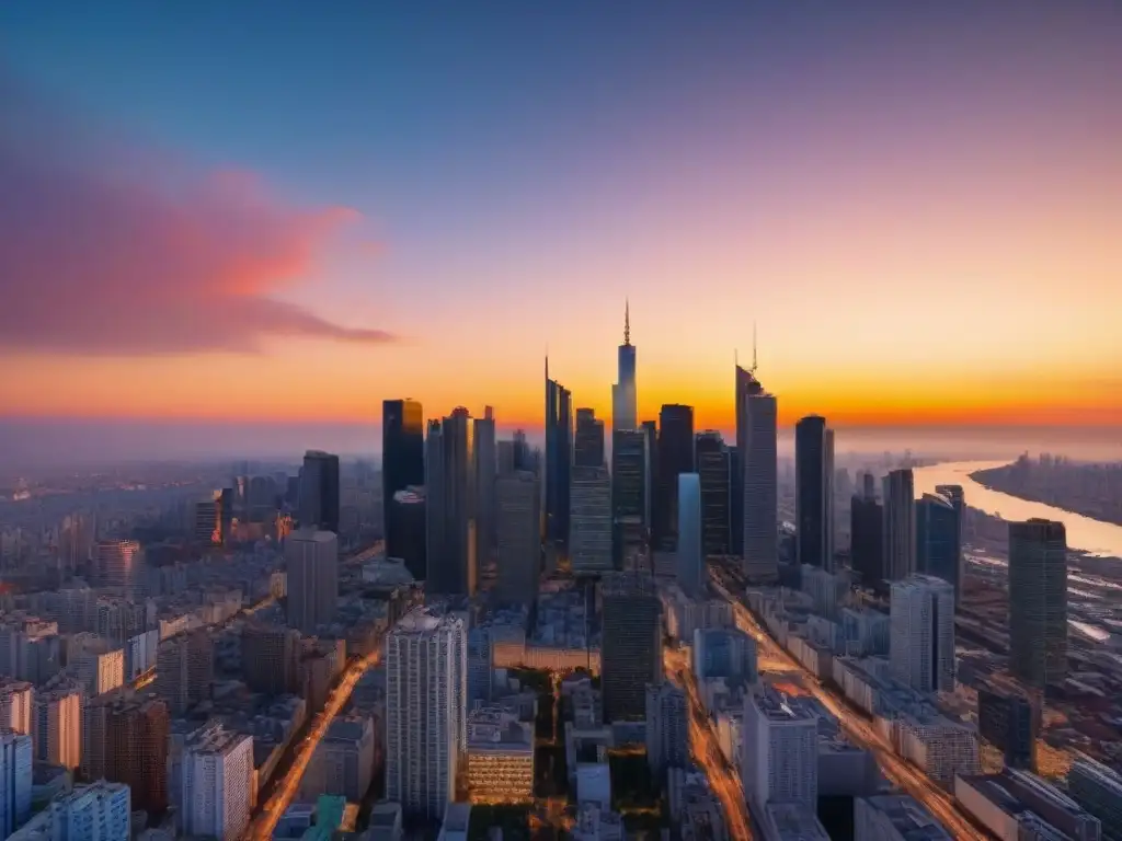 Paisaje urbano al atardecer: el contraste entre lo moderno y lo tradicional Un paisaje urbano moderno al atardecer con una mezcla de rascacielos y arquitectura tradicional